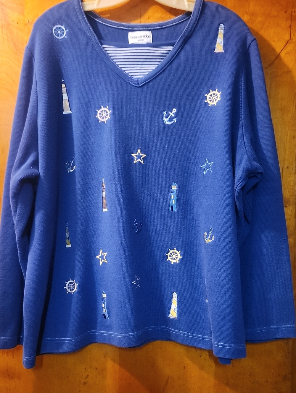Women's Breckenridge Navy Blue Nautical Embroidered V-Neck
